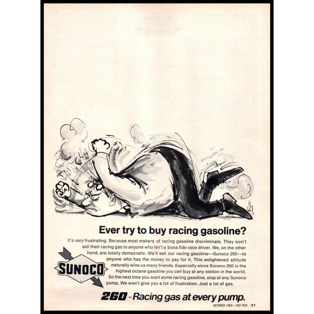 1969 Sunoco 260 Racing Gas Vintage Print Ad Temper Tantrum Drawing Wall Art